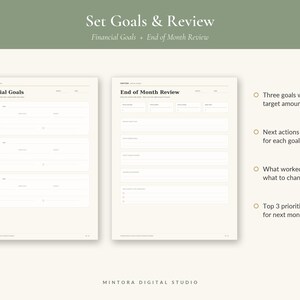 Puede incluir: Un conjunto de p&aacute;ginas de planificador digital con dos plantillas tituladas Financial Goals y End of Month Review. El dise&ntilde;o incluye secciones para realizar un seguimiento de tres objetivos financieros con montos y fechas objetivo, pr&oacute;ximas acciones, reflexiones sobre lo que funcion&oacute; y lo que debe cambiar, y una lista para las tres prioridades principales del pr&oacute;ximo mes.