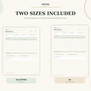 Puede incluir: Una plantilla digital de planificador de resumen de deudas con dos opciones de dise&ntilde;o etiquetadas como US Letter 8.5 x 11 in y A4 210 x 297 mm. El documento incluye secciones para el nombre de la deuda, saldo, tasa de inter&eacute;s y pagos.