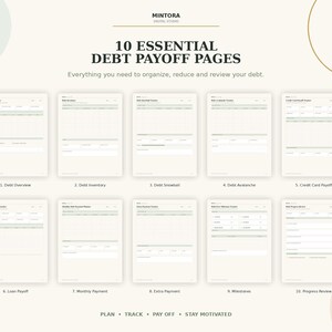 Puede incluir: Una colecci&oacute;n digital de 10 p&aacute;ginas esenciales para el pago de deudas titulada MINTORA DIGITAL STUDIO. El conjunto incluye plantillas para resumen de deuda, inventario, m&eacute;todo bola de nieve, avalancha, tarjetas de cr&eacute;dito y pr&eacute;stamos.