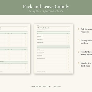 May include: A digital packing list and before you go checklist with sage green headers and black text on a cream background. The document includes sections for packing items, a two-week pre-departure checklist, and a day-before checklist.