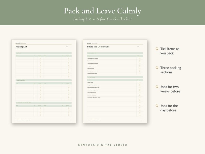 May include: A digital packing list and before you go checklist with sage green headers and black text on a cream background. The document includes sections for packing items, a two-week pre-departure checklist, and a day-before checklist.