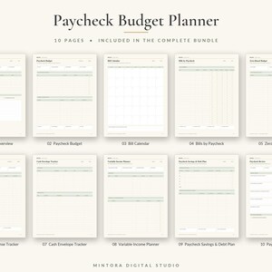 K&ouml;nnte beinhalten: Ein Gehaltsbudgetplaner-Set mit 10 Seiten und hellgr&uuml;nen Akzenten. Die Seiten umfassen Paycheck Overview, Paycheck Budget, Bill Calendar, Bills by Paycheck, Zero-Based Budget, Paycheck Expense Tracker, Cash Envelope Tracker, Variable Income Planner, Paycheck Savings & Debt Plan und Paycheck Review.