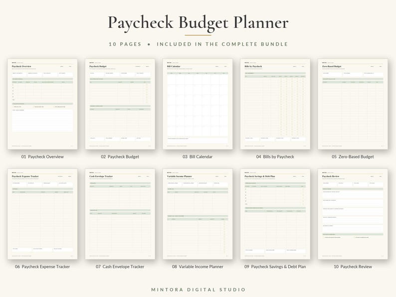 K&ouml;nnte beinhalten: Ein Gehaltsbudgetplaner-Set mit 10 Seiten und hellgr&uuml;nen Akzenten. Die Seiten umfassen Paycheck Overview, Paycheck Budget, Bill Calendar, Bills by Paycheck, Zero-Based Budget, Paycheck Expense Tracker, Cash Envelope Tracker, Variable Income Planner, Paycheck Savings & Debt Plan und Paycheck Review.