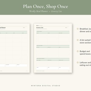 May include: A weekly meal planner and grocery list template with a sage green and cream color scheme. The text reads Plan Once, Shop Once, Weekly Meal Planner, and Grocery List. Features include sections for breakfast, lunch, dinner, snacks, store sections, budget boxes, and notes for leftovers.