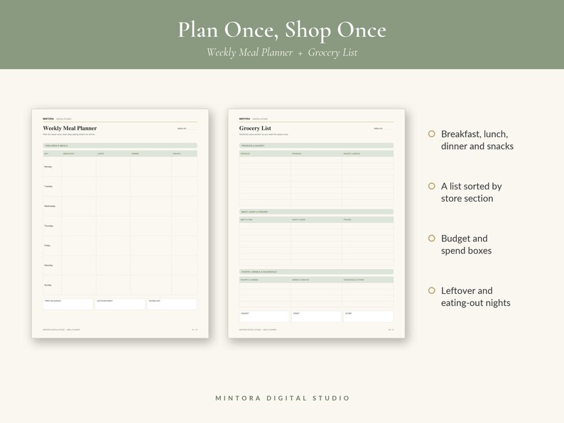 May include: A weekly meal planner and grocery list template with a sage green and cream color scheme. The text reads Plan Once, Shop Once, Weekly Meal Planner, and Grocery List. Features include sections for breakfast, lunch, dinner, snacks, store sections, budget boxes, and notes for leftovers.