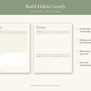May include: Two printable planner pages with a sage green and cream color scheme. The left page is a Habit Tracker with a grid for thirty-one days. The right page is a Wins & Rewards log. Text includes Build Habits Gently, Habit Tracker, and Wins & Rewards.