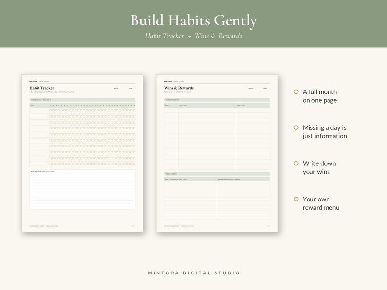 May include: Two printable planner pages with a sage green and cream color scheme. The left page is a Habit Tracker with a grid for thirty-one days. The right page is a Wins & Rewards log. Text includes Build Habits Gently, Habit Tracker, and Wins & Rewards.