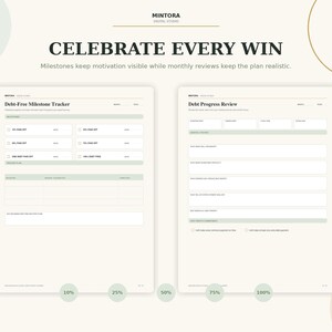 Puede incluir: Un planificador de seguimiento de deudas de dos p&aacute;ginas con fondo crema y detalles en verde salvia. La p&aacute;gina izquierda se titula Debt-Free Milestone Tracker y la derecha Debt Progress Review. El texto Celebrate Every Win aparece arriba.