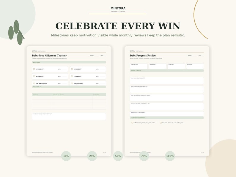 Puede incluir: Un planificador de seguimiento de deudas de dos p&aacute;ginas con fondo crema y detalles en verde salvia. La p&aacute;gina izquierda se titula Debt-Free Milestone Tracker y la derecha Debt Progress Review. El texto Celebrate Every Win aparece arriba.