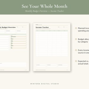 Puede incluir: Dos p&aacute;ginas de planificador digital con fondo crema y detalles en verde salvia. La p&aacute;gina izquierda se titula Monthly Budget Overview con barras de progreso. La p&aacute;gina derecha se titula Income Tracker con una cuadr&iacute;cula.