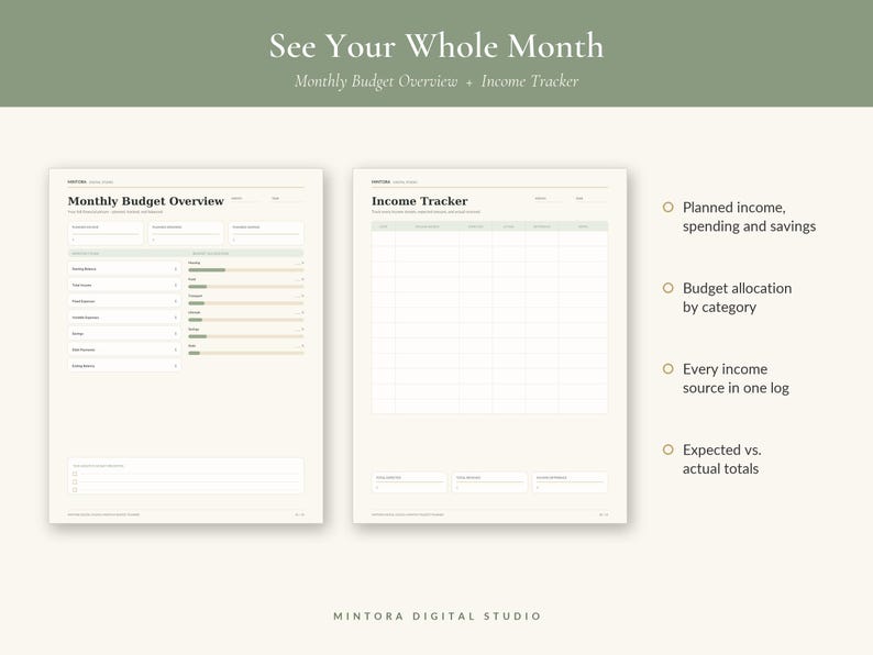 Puede incluir: Dos p&aacute;ginas de planificador digital con fondo crema y detalles en verde salvia. La p&aacute;gina izquierda se titula Monthly Budget Overview con barras de progreso. La p&aacute;gina derecha se titula Income Tracker con una cuadr&iacute;cula.
