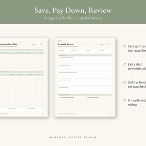 May include: Two printable financial planning sheets with a sage green and cream color scheme. The left sheet is titled Paycheck Savings & Debt Plan, and the right sheet is titled Paycheck Review. Text on the right lists savings, debt, and review goals.