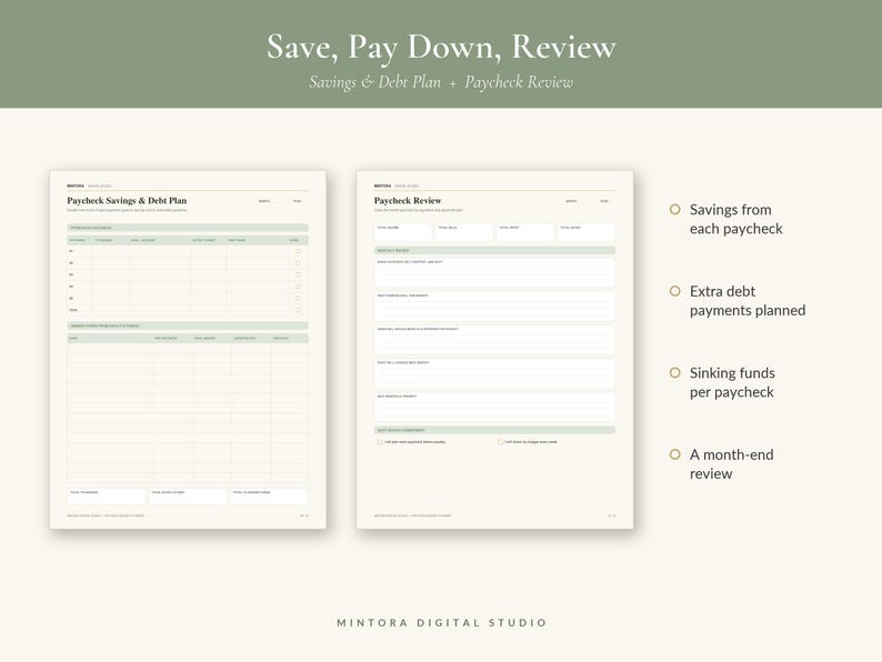May include: Two printable financial planning sheets with a sage green and cream color scheme. The left sheet is titled Paycheck Savings & Debt Plan, and the right sheet is titled Paycheck Review. Text on the right lists savings, debt, and review goals.