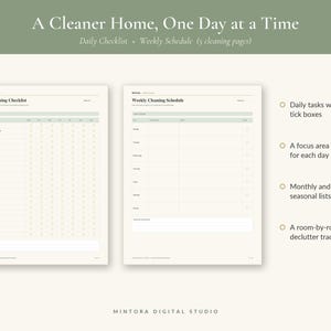 May include: A digital cleaning planner set titled A Cleaner Home, One Day at a Time, featuring a Daily Cleaning Checklist and a Weekly Cleaning Schedule. The layout includes tick boxes for daily tasks, a focus area for each day, monthly and seasonal lists, and a room-by-room declutter tracker across five pages.