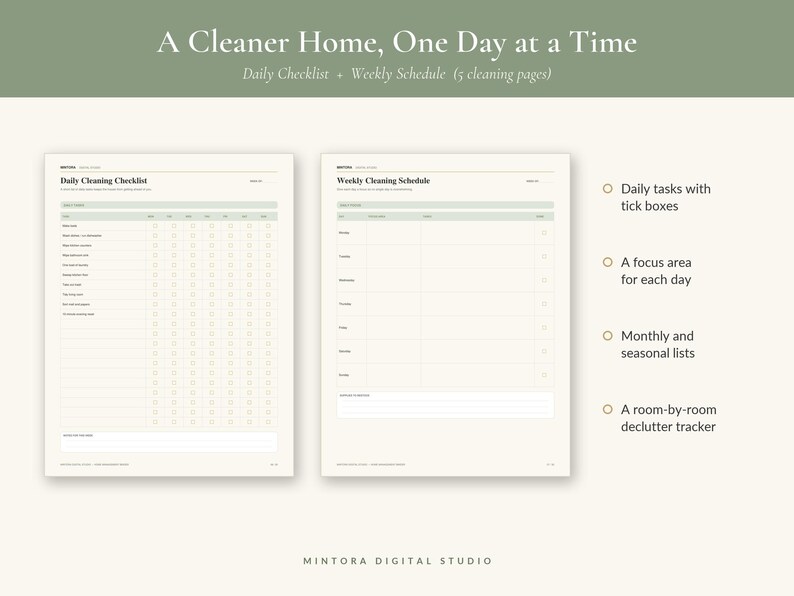 May include: A digital cleaning planner set titled A Cleaner Home, One Day at a Time, featuring a Daily Cleaning Checklist and a Weekly Cleaning Schedule. The layout includes tick boxes for daily tasks, a focus area for each day, monthly and seasonal lists, and a room-by-room declutter tracker across five pages.