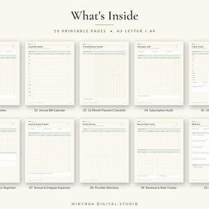 May include: A set of 10 printable financial tracking pages in US Letter and A4 sizes. The documents feature a cream background with sage green headers and grid lines. Titles include Bill Overview, Annual Bill Calendar, and 12-Month Payment Checklist.