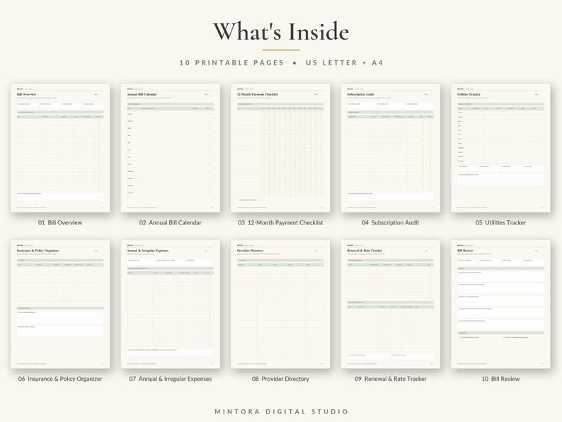 May include: A set of 10 printable financial tracking pages in US Letter and A4 sizes. The documents feature a cream background with sage green headers and grid lines. Titles include Bill Overview, Annual Bill Calendar, and 12-Month Payment Checklist.