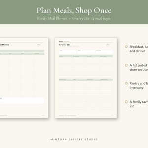 May include: A digital weekly meal planner and grocery list template featuring a cream background with sage green accents. The layout includes sections for breakfast, lunch, dinner, a store-section grocery list, pantry and freezer inventory, and a family favorites list.