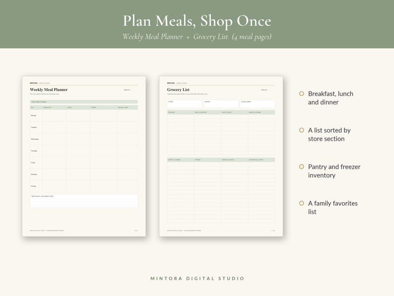 May include: A digital weekly meal planner and grocery list template featuring a cream background with sage green accents. The layout includes sections for breakfast, lunch, dinner, a store-section grocery list, pantry and freezer inventory, and a family favorites list.