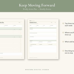 May include: A digital planner page set titled Keep Moving Forward with a Weekly Action Plan and Monthly Review. The cream-colored sheets feature sage green headers, task lists, and sections for tracking goals, top tasks, and monthly reflections.