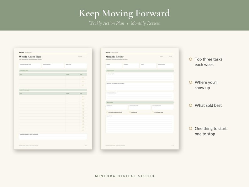 May include: A digital planner page set titled Keep Moving Forward with a Weekly Action Plan and Monthly Review. The cream-colored sheets feature sage green headers, task lists, and sections for tracking goals, top tasks, and monthly reflections.