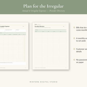May include: A digital planner page set titled Plan for the Irregular, featuring Annual & Irregular Expenses and Provider Directory templates. The layout includes columns for expense details, amounts, and dates, with a soft sage green and cream color scheme.