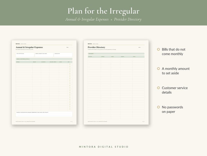 May include: A digital planner page set titled Plan for the Irregular, featuring Annual & Irregular Expenses and Provider Directory templates. The layout includes columns for expense details, amounts, and dates, with a soft sage green and cream color scheme.