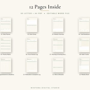 May include: A digital planner set featuring 12 pages with the text 12 Pages Inside, US Letter + A4 PDF, Editable Word File, and Mintora Digital Studio. The pages include Daily Planner, Brain Dump, Weekly Overview, Task Breakdown, Priority Matrix, Focus Session Log, Morning & Evening Routine, Habit Tracker, Appointments & Deadlines, Medication & Symptom Log, Wins & Rewards, and Weekly Reset.