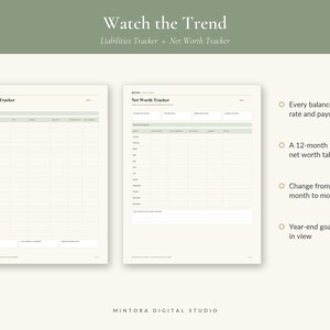 May include: Two digital financial planning sheets titled Liabilities Tracker and Net Worth Tracker. The pages feature light green and cream color schemes with structured tables for tracking balances, rates, payments, and monthly net worth changes.