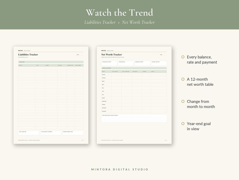 May include: Two digital financial planning sheets titled Liabilities Tracker and Net Worth Tracker. The pages feature light green and cream color schemes with structured tables for tracking balances, rates, payments, and monthly net worth changes.