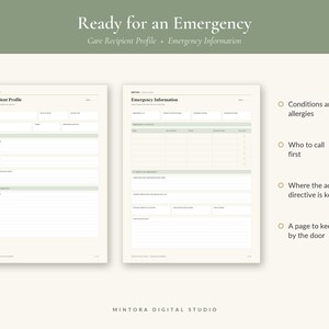 Puede incluir: Dos formularios imprimibles titulados Care Recipient Profile y Emergency Information con campos para condiciones m&eacute;dicas, alergias y datos de contacto. Los documentos presentan un encabezado verde salvia y un fondo crema con el texto Ready for an Emergency.
