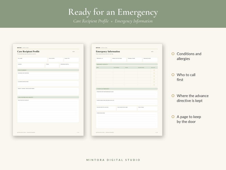 Puede incluir: Dos formularios imprimibles titulados Care Recipient Profile y Emergency Information con campos para condiciones m&eacute;dicas, alergias y datos de contacto. Los documentos presentan un encabezado verde salvia y un fondo crema con el texto Ready for an Emergency.