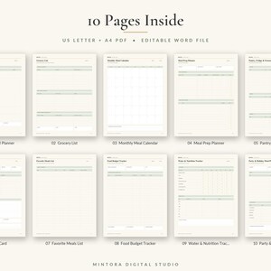 May include: A set of 10 digital meal planning pages featuring a weekly meal planner, grocery list, monthly calendar, meal prep planner, pantry inventory, recipe card, favorite meals list, food budget tracker, water tracker, and party planner.