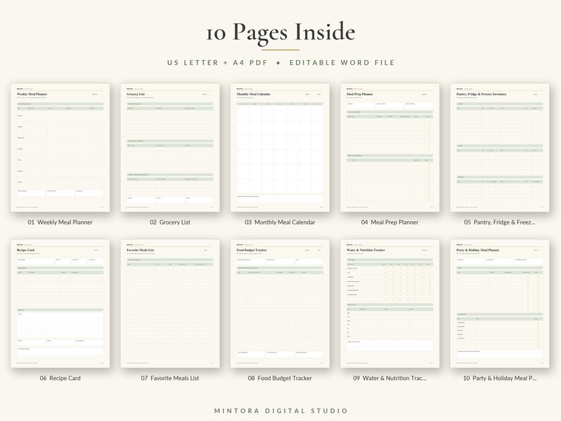May include: A set of 10 digital meal planning pages featuring a weekly meal planner, grocery list, monthly calendar, meal prep planner, pantry inventory, recipe card, favorite meals list, food budget tracker, water tracker, and party planner.