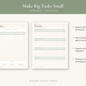 May include: Two off-white task planning sheets with sage green accents. The left sheet is titled Task Breakdown, and the right sheet is titled Priority Matrix. Text includes Make Big Tasks Small, Task Breakdown + Priority Matrix, and bullet points.