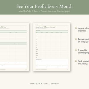 May include: Two digital bookkeeping templates titled Monthly Profit & Loss and Annual Income & Expense Summary. The pages feature tables for tracking financial data, with text including Income minus expenses, Twelve months on one page, A monthly bookkeeping routine, and Bank reconciliation and pricing.