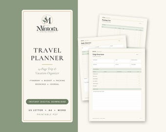May include: A 14-page digital travel planner and vacation organiser by Mintora Digital Studio. The document includes sections for trip overview, daily itinerary, and packing list, formatted for US Letter, A4, and Word. It is a printable PDF.
