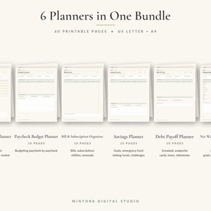K&ouml;nnte beinhalten: Ein digitales Set aus 6 Planern mit dem Titel 6 Planners in One Bundle, bestehend aus 60 druckbaren Seiten in den Formaten US Letter und A4. Das Set enth&auml;lt Monatsbudget, Gehaltsbudget, Rechnungsplaner, Sparplaner, Schuldenabbau und Verm&ouml;gens&uuml;bersicht.
