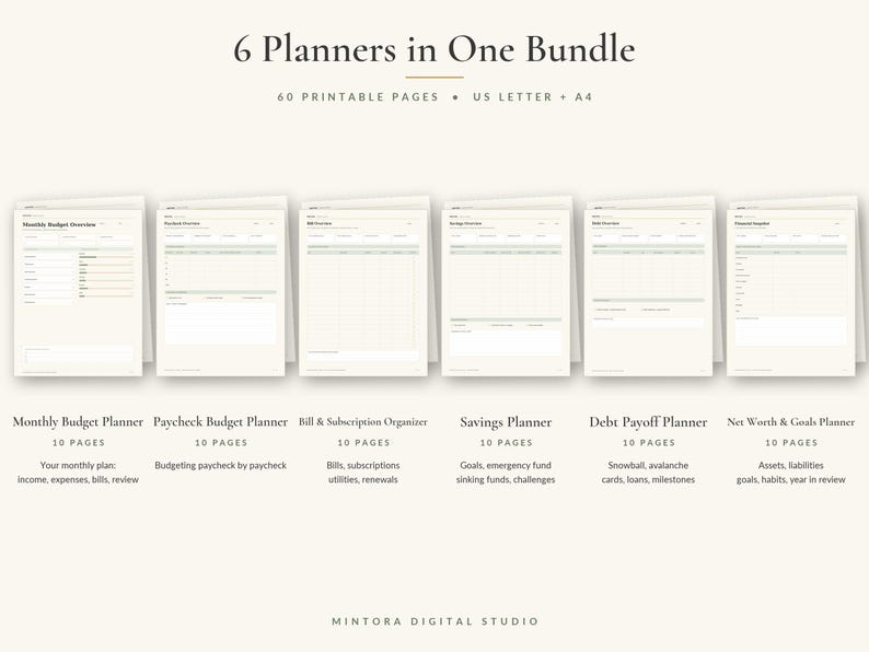 K&ouml;nnte beinhalten: Ein digitales Set aus 6 Planern mit dem Titel 6 Planners in One Bundle, bestehend aus 60 druckbaren Seiten in den Formaten US Letter und A4. Das Set enth&auml;lt Monatsbudget, Gehaltsbudget, Rechnungsplaner, Sparplaner, Schuldenabbau und Verm&ouml;gens&uuml;bersicht.