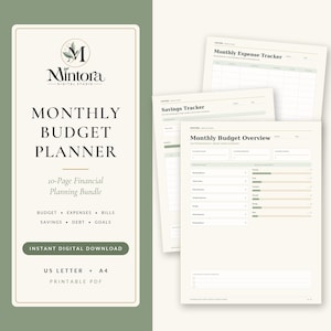 Puede incluir: Un paquete digital de planificador de presupuesto mensual de 10 p&aacute;ginas con una portada que muestra el logotipo de Mintora Digital Studio y texto que incluye Monthly Budget Planner, Budget, Expenses, Bills, Savings, Debt, Goals, US Letter y A4. Incluye hojas de seguimiento.