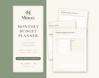May include: A 10-page monthly budget planner digital bundle featuring a cover page with the Mintora Digital Studio logo and text including Monthly Budget Planner, Budget, Expenses, Bills, Savings, Debt, Goals, US Letter, and A4. Includes tracker sheets.