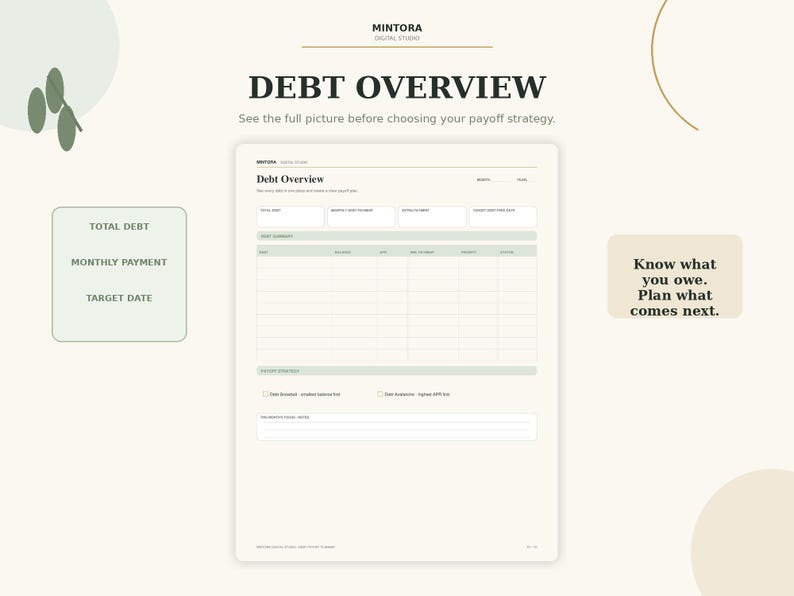 Puede incluir: Una p&aacute;gina de planificador digital Debt Overview con secciones para deuda total, pagos mensuales y fechas objetivo. El dise&ntilde;o incluye una tabla de resumen, casillas de verificaci&oacute;n para estrategias de pago y una secci&oacute;n de notas. Texto: MINTORA DIGITAL STUDIO, DEBT OVERVIEW, Know what you owe. Plan what comes next.