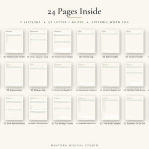 May include: A digital business planner template set featuring 24 pages, 5 sections, US letter and A4 PDF formats, and an editable Word file. The layout includes trackers for business overview, startup costs, income, sales, invoices, and tax savings.