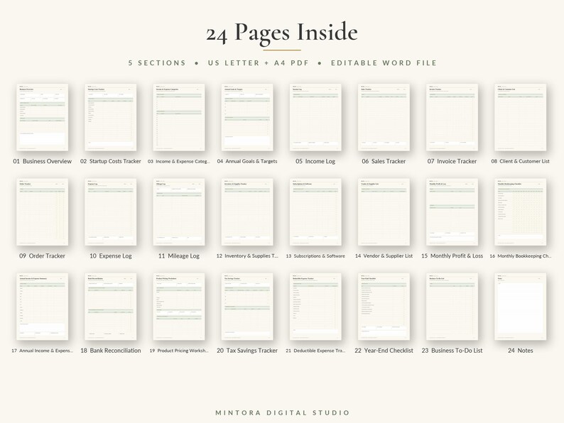 May include: A digital business planner template set featuring 24 pages, 5 sections, US letter and A4 PDF formats, and an editable Word file. The layout includes trackers for business overview, startup costs, income, sales, invoices, and tax savings.