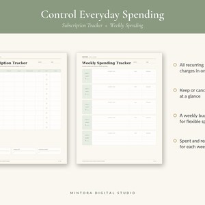 Puede incluir: Dos p&aacute;ginas de planificador imprimibles tituladas Subscription Tracker y Weekly Spending Tracker. El dise&ntilde;o incluye columnas para rastrear cargos recurrentes, presupuestos semanales y gastos. Texto: Control Everyday Spending y Mintora Digital Studio.
