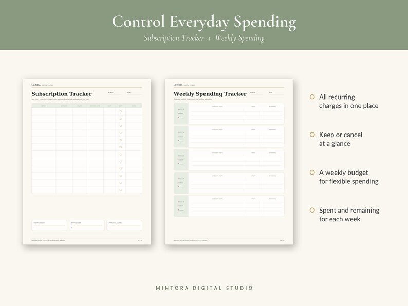 Puede incluir: Dos p&aacute;ginas de planificador imprimibles tituladas Subscription Tracker y Weekly Spending Tracker. El dise&ntilde;o incluye columnas para rastrear cargos recurrentes, presupuestos semanales y gastos. Texto: Control Everyday Spending y Mintora Digital Studio.