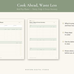 May include: A meal prep planner and pantry, fridge, and freezer inventory template with sage green accents. The text reads Cook Ahead, Waste Less, Meal Prep Planner, and Pantry, Fridge & Freezer Inventory, alongside bulleted lists of features.