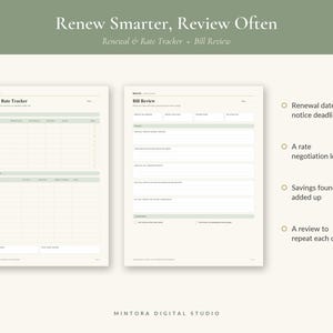 May include: A digital planner set featuring a Renewal & Rate Tracker and a Bill Review page. The layout includes columns for dates, service names, and notes, with text headers like Renew Smarter, Review Often and Mintora Digital Studio.