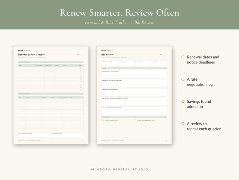 May include: A digital planner set featuring a Renewal & Rate Tracker and a Bill Review page. The layout includes columns for dates, service names, and notes, with text headers like Renew Smarter, Review Often and Mintora Digital Studio.