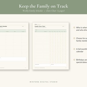 May include: A digital planner set titled Keep the Family on Track, featuring a Weekly Family Schedule and a Family Chore Chart. The pages include columns for days of the week, tasks, and family members, with a light green and cream color scheme.